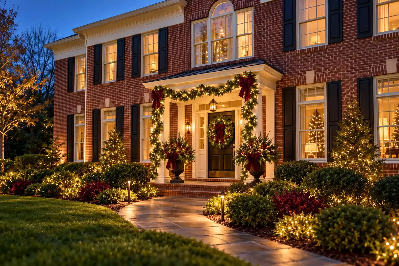 Brick colonial entry with lit garland, wreath, urns and lit walkway shrubs