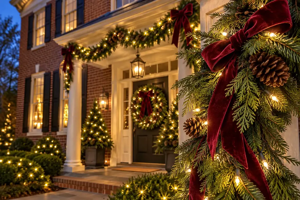 Pre-lit garland with pinecones and a velvet bow framing a portico