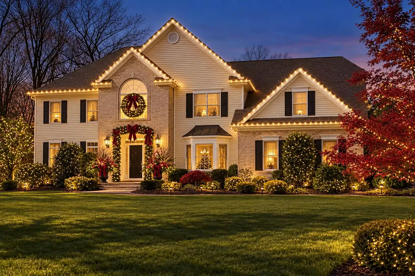 Stone and cream home lit for Christmas with roofline lights, window wreaths and entry garland