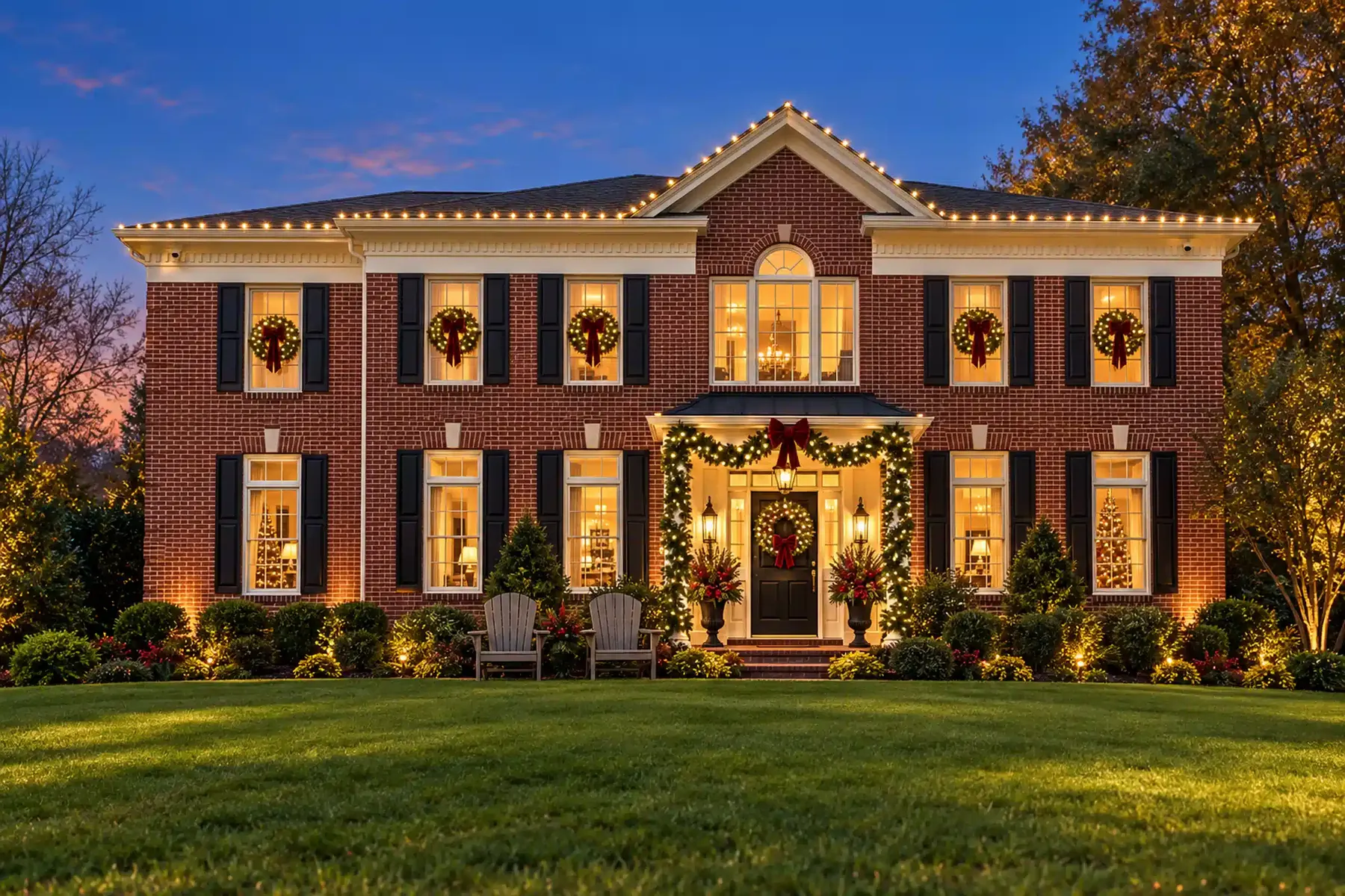 Brick colonial dressed for Christmas at dusk with lit garland around the entry, lit window wreaths, winter urns and warm-white roofline lighting