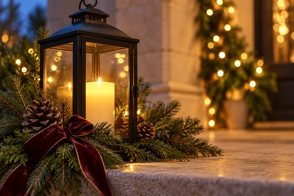 Black lantern with a glowing candle on a stoop, surrounded by evergreens and a velvet bow