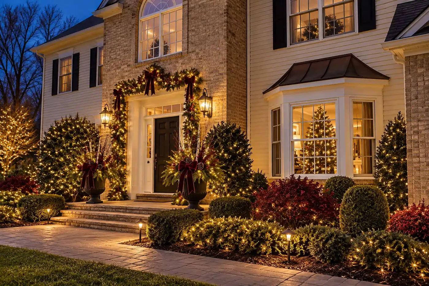 Stone entry with lit garland, wreath, urns and a lit bay window