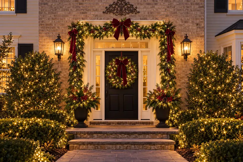 Front door surround with lit evergreen garland, burgundy velvet bows, a lit wreath and winter urns