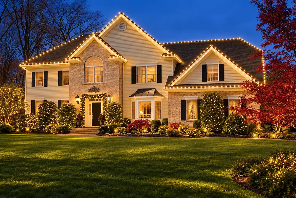 Warm-white roofline lighting outlining the gables of a two-story home at dusk
