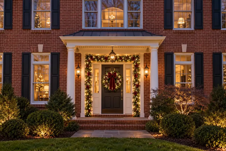 Front Door package example: garland around the door, lit wreath and urns