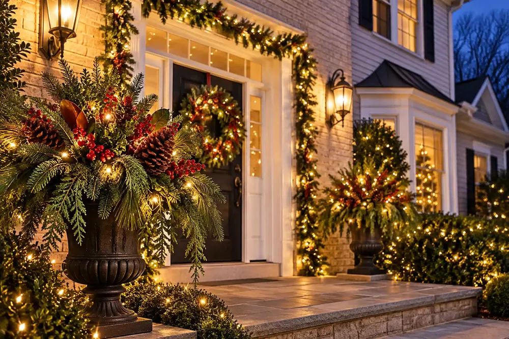 Winter urn filled with evergreens, berries, pinecones and lights beside a front door